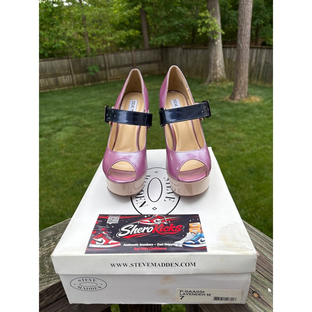 Steve Madden Saassi Lavender Metallic Peep Toe Platform Mary Jane Heels Navy 7